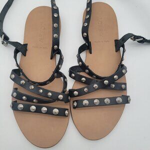 NWO J. Crew, leather made in Italy, sandal Black Studded with Silver. Size 7